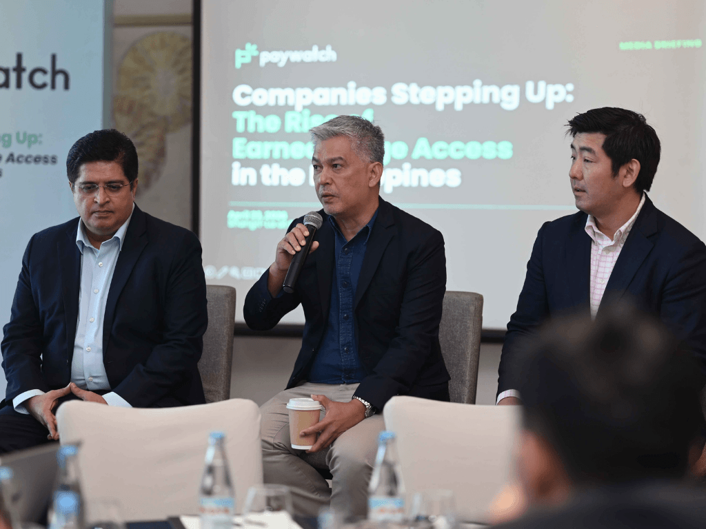 Left to right, Paywatch's leadership team &mdash; Philippine managing director Sandeep Mulajkar, country manager Rowell del Fierro, and president and co-founder Alex Kim &mdash; stress that the service is not a loan product, but a service that gives employees to early access to the wages they've already earned. | Contributed photo