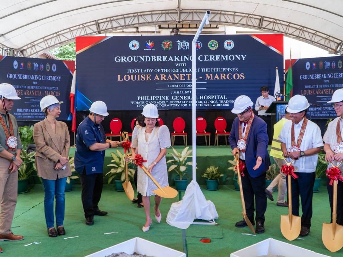 First lady Liza Araneta Marcos (fourth from left) leads the groundbreaking for the Pediatric and Adult Specialty Center at UP PGH in Manila, with (L-R) PGH director Dr. Gap Legaspi; Manila Mayor Honey Lacuna-Pangan; Health Secretary Ted Herbosa; UP president Atty. Angelo Jimenez; DPWH Sec. Manuel Bonoan; and UP Manila Chancellor Dr. Michael Tee. CLICK TO SEE FULL IMAGE./Contributed Photo