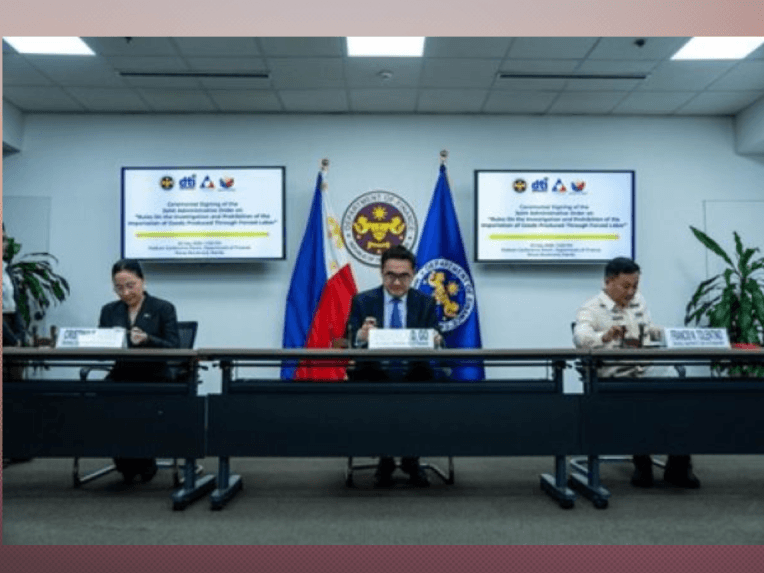 Trade and Industry Secretary Cristina Roque, Finance Secretary Frederick Go and Labor Secretary Francis Tolentino sign the JAO, which creates an inter-agency committee &nbsp;tasked with investigating complaints involving imported goods suspected of being produced wholly or partly through forced labor. | Contributed photo