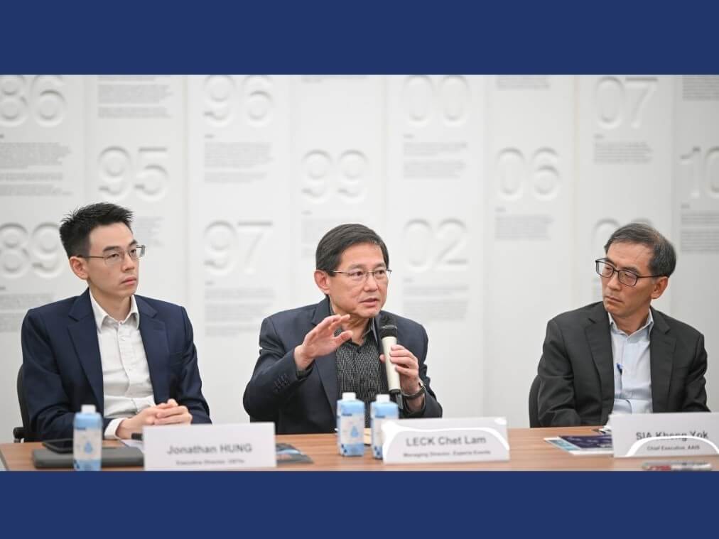  Leck Chet Lam (middle), managing director of Experia Events speaks at the media roundtable for the Space Summit 2026. The event aims to advance responsible and inclusive growth of the space economy. | Contributed photo