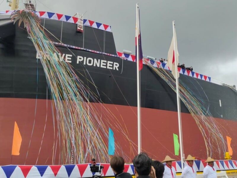 President Ferdinand Marcos Jr. has named Hull No. SC-443, dual-fuel Kamsarmax bulk carrier &ldquo;Brave Pioneer&rdquo; during the &nbsp;naming and delivery ceremony at the West Cebu Estate. Photo by Philippine Information Agency Central Visayas. ​| Contributed photo