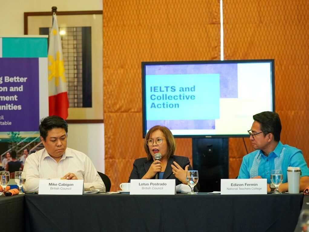 From left: Mike Cabigon, head of exams; Lotus Postrado, country director; and Edizon Fermin, vice president for academic affairs at the National Teachers College at the British Council's 28 April 2026 media roundtable on English learning gaps and Filipino learners' workforce and academic readiness. | Contributed photo