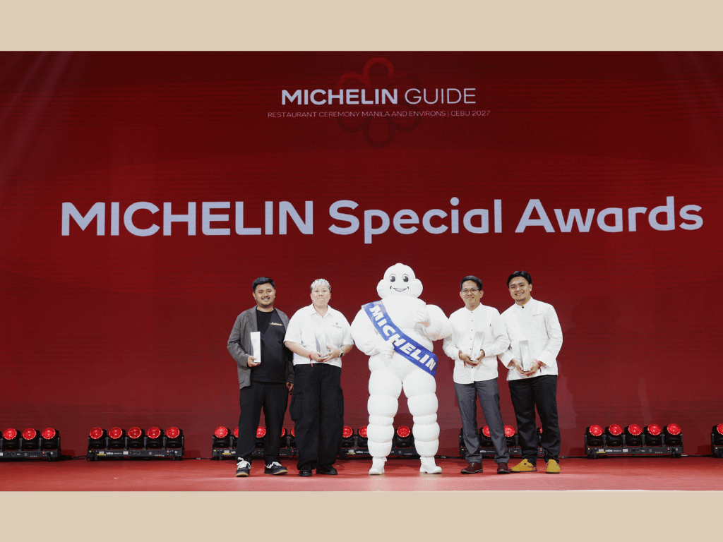 From left: Ron Job Sanchez, bar beverage manager at Automat; Chef Frances Tariga of Tadhan&agrave;; Bibendum, the Michelin man; Clyde Joshua Zafra of Tito Boy and Francis Lacson of Dig&aacute;mo are recognized for their contributions to Filipino hospitality, including the introduction of the MICHELIN Opening of the Year Award, presented for the first time in the Philippines. | Contributed photo