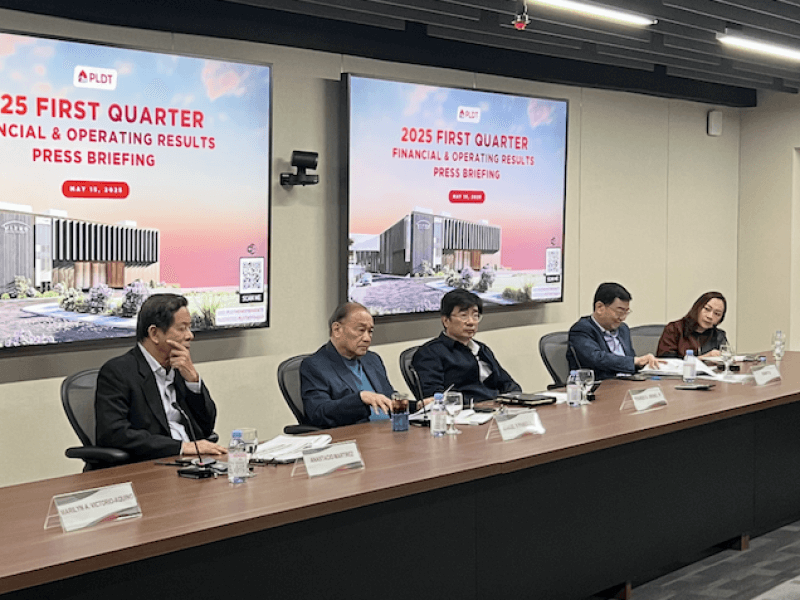 PLDT chair and CEO Manuel V. Pangilinan leads the telco’s first quarter 2025 media briefing on May 15. 2025./Photo by Miguel R. Camus 