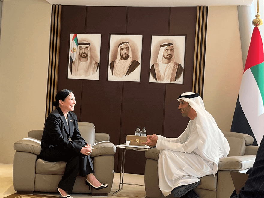Trade and Industry Secretary Cristina A. Roque and UAE&rsquo;s Minister of State for Foreign Trade Thani bin Ahmed Al Zeyoudi during the DTI chief's visit to UAE in 2024. | Contributed photo