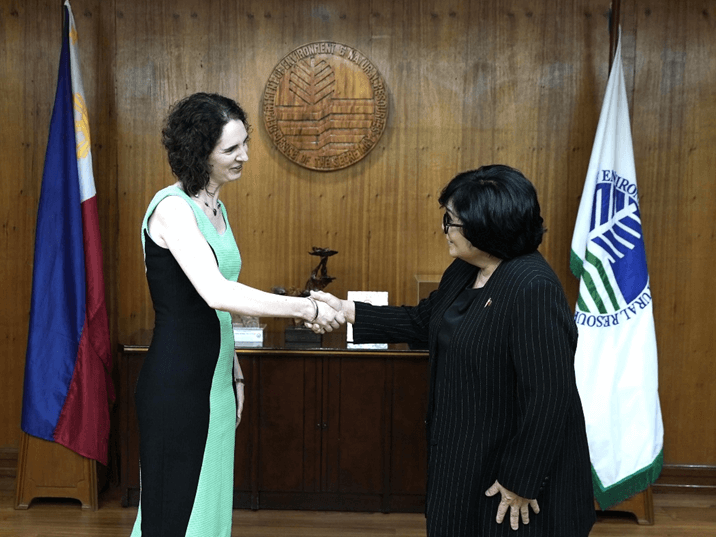 Environment Secretary Maria Antonia Yulo Loyzaga  welcomes Dr. Catherine McIntosh, Ambassador of New Zealand (left) on her visit to the DENR Central Office in Quezon City to discuss the Joint Declaration on Cooperation in Addressing Climate change and witness its signing./Contributed photo