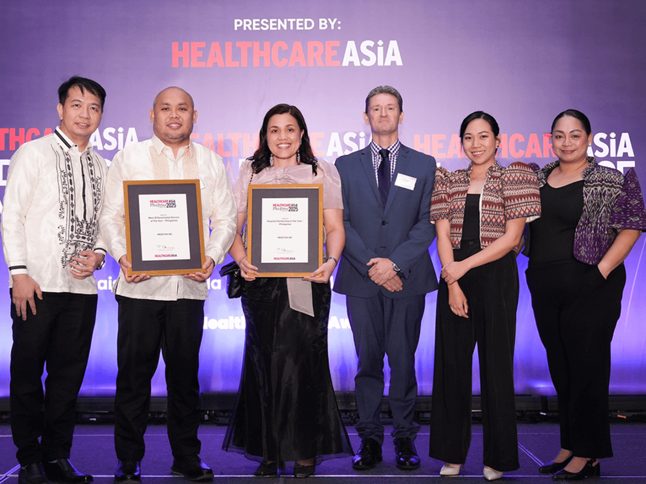 Receiving the awards on behalf of MedEthix for Most Differentiated Service of the Year and the Hospital Partnership of the Year at the Healthcare Asia Pharma Awards 2025 are: (from left) Marlon dela Merced, group business unit head; Ian Medina, district supervisor; Johanna Romero, strategy execution and support services director; Macy Relosa, corporate communications manager, and Theresa Nallos, senior district manager./ Contributed photo