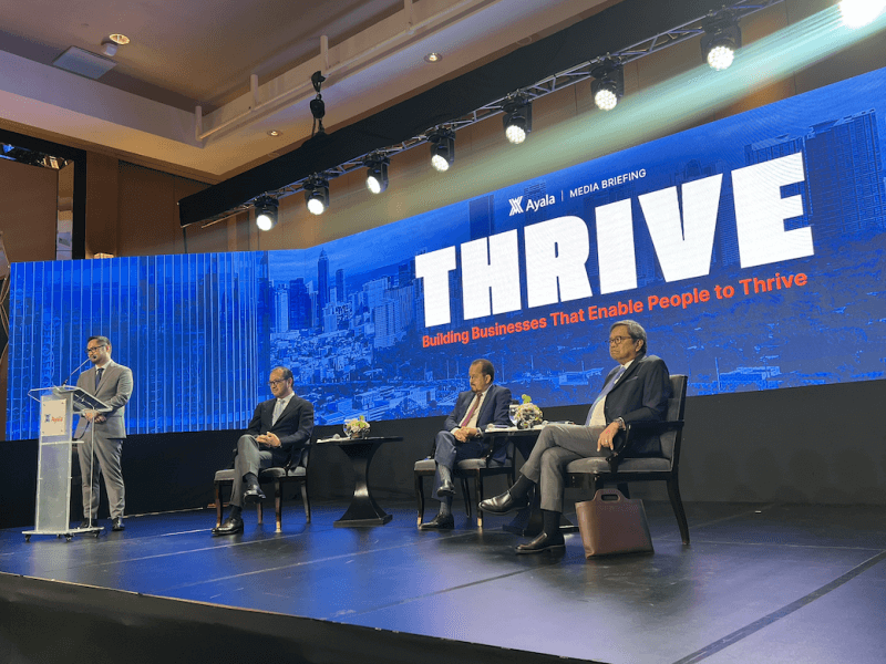 Ayala Corp. head of strategic communications Gino Borromeo (far left) hosts a post-annual meeting panel with, from left to right, AC Health president and CEO Paolo Borromeo, Ayala Corp. CFO Alberto M. de Larrazabal, and Ayala Corp. CEO Cezar P. Consing./Photo by Miguel R. ​Camus 