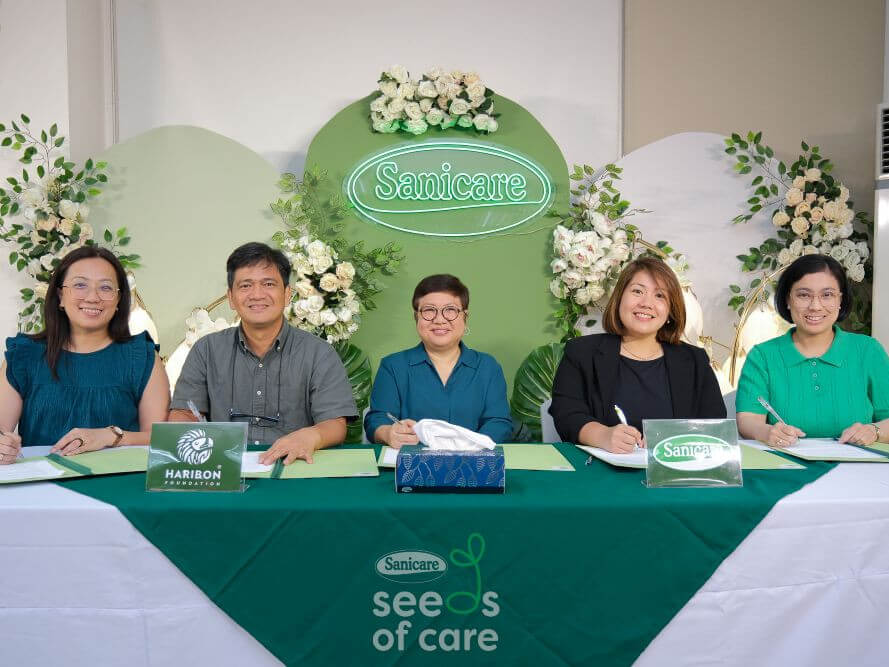 PARTNERSHIP SEALED: (From left) Haribon strategic partnerships manager Erika Bergara, head of the Forests for Life Program Thaddeus Martinez and COO Arlie Endonilla with Sanicare sales and marketing director Maria Azalea S. Pacis and product development and procurement manager Jerivic delos Angeles.