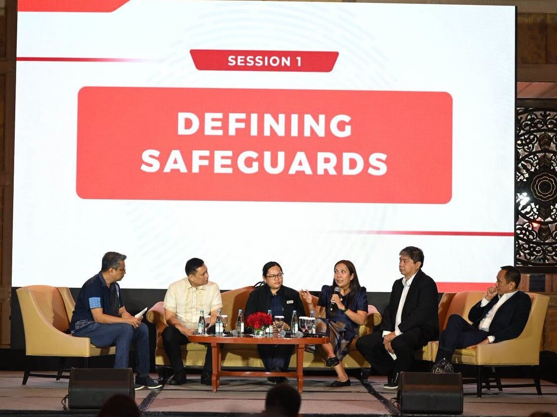 Government officials and technology industry representatives discuss safeguards to strengthen the country&rsquo;s online safety ecosystem. Panel members are (from left) PLDt and Smart first vice president and public engagement group head Roby Alampay; Cybercrime Investigation and Coordinating Center (CICC) Cybercrime Investigation Office director Rojun Hosillos; Philippine National Police (PNP) anti-trafficking in persons division chief of intelligence and investigation PMaj. Queen Rivera; Office of Sen. Risa Hontiveros chief legislative staff officer Jaye Dela Cruz-Bekema; Department of Education (DepEd) disaster risk reduction and management service director IV Felino Castro V; and Converge ICT Solutions Inc. head of government relations and external affairs Chito Salud.| Contributed photo