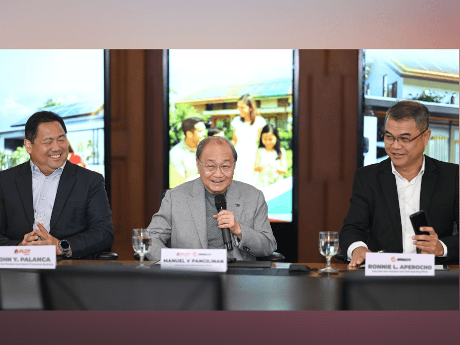 PLDT and Meralco chair Manny V Pangilinan leads the signing ceremony with PLDT SVP and head of consumer business John Y. Palanca and Meralco EVP and COO Ronnie L. Aperocho, marking the groundbreaking partnership of PLDT, Meralco, and MSpectrum to deliver broadband and solar energy solutions to Filipinos. | Contributed photo