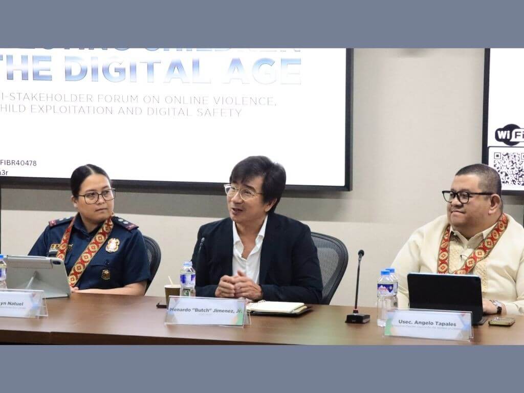 From left: PNP Lt. Col. Ayn Natuel, assistant chief of the Anti-Trafficking in Persons Division of the PNP Women and Children Protection Center with PLDT chief operating officer Menardo "Butch" Jimenez, Jr. and DSWD-Council for the Welfare of Children Undersecretary Gelo Tapales | Contributed photo