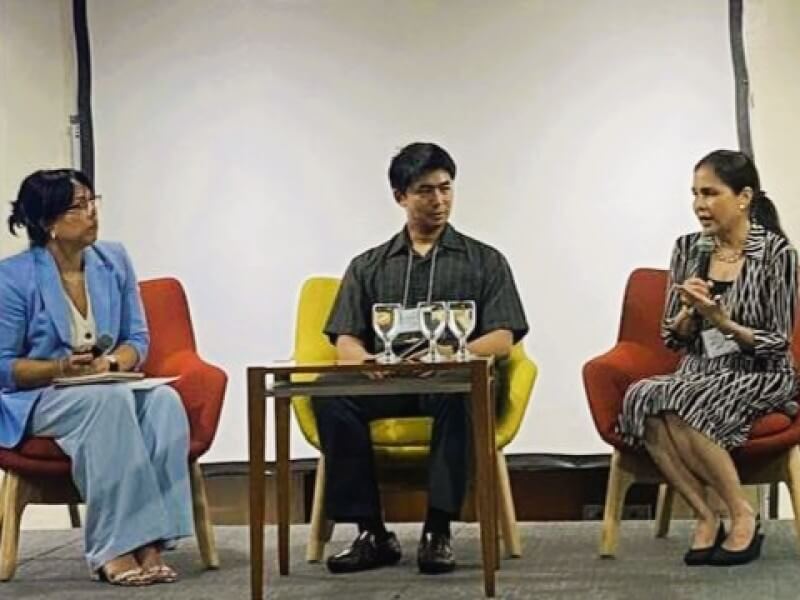 PLDT and Smart chief sustainability officer Melissa Vergel de Dios (rightmost) in a panel discussion on how companies are integrating children’s rights in ESG with UNICEF’s chief of social policy Maya Faisal (leftmost) and MPTC assistant manager for sustainability Segis Borja (middle)./ Photo from PLDT Group (Click the photo to view full image) 