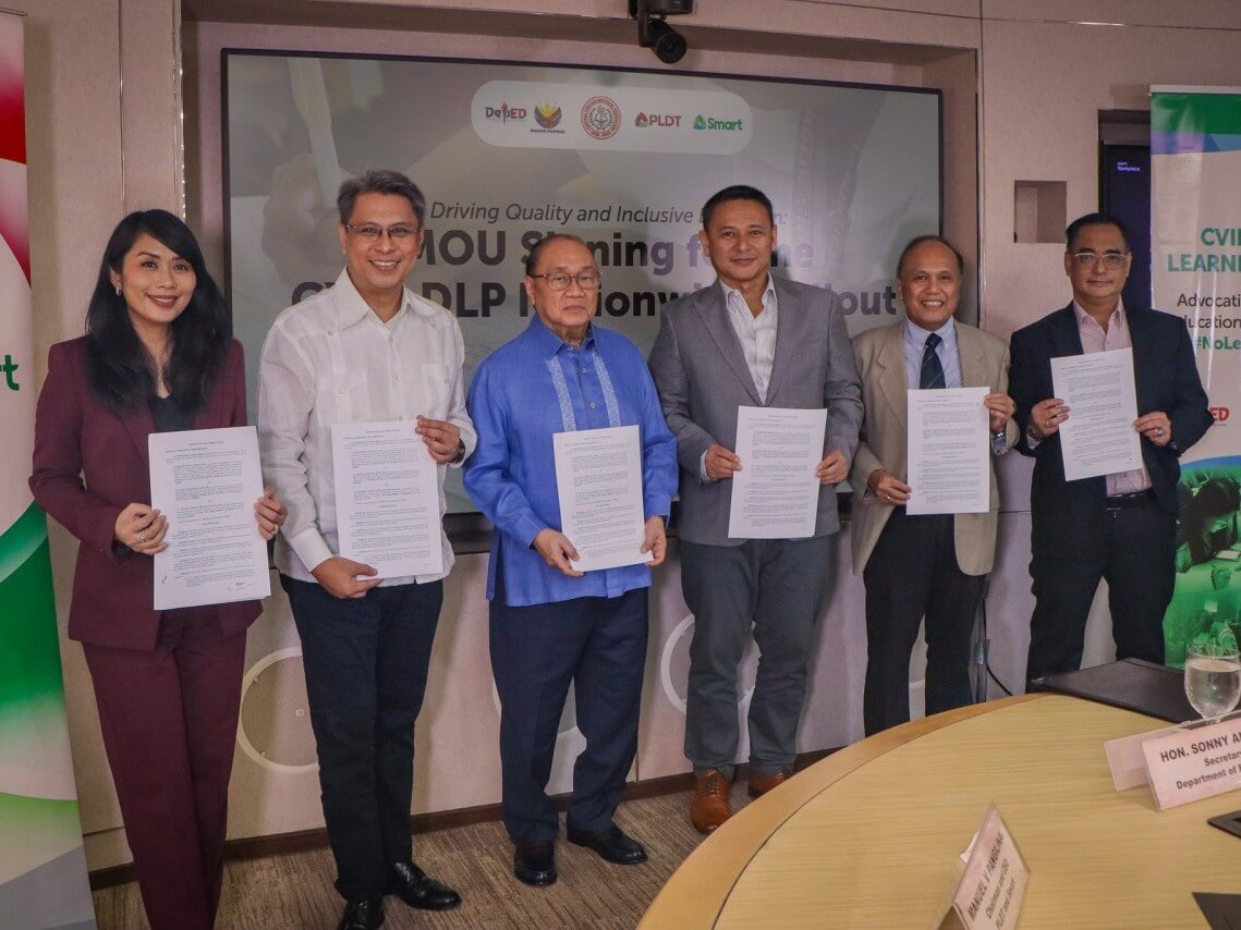 Leaders from the education and telecommunications sectors gather in support of the nationwide expansion of the CVIF Dynamic Learning Program. From left to right are Stephanie V. Orlino, AVP and head of Stakeholder Engagement, PLDT and Smart; Roby A. Alampay, FVP and head of public engagement; Manuel V. Pangilinan, chair and CEO, PLDT; Education Secretary Sonny Angara; and Dr. Christopher Bernido, co-founder of the CVIF Dynamic Learning Program. | Contributed photo