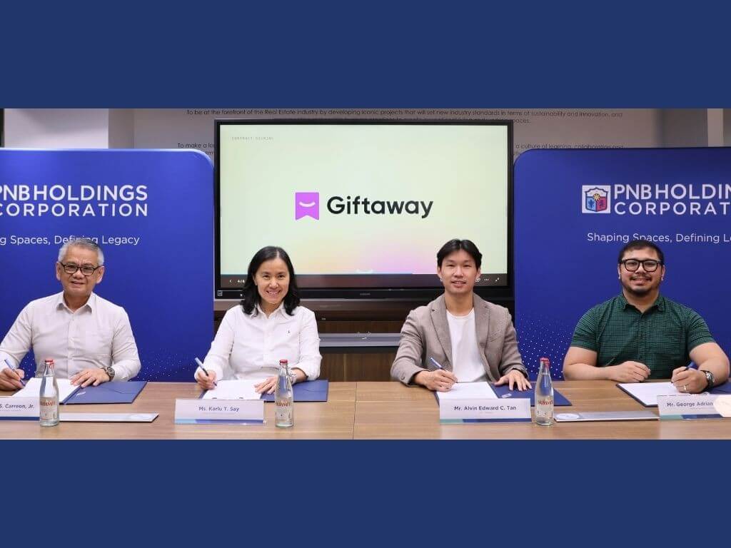 PNB Holdings and Giftaway marked the lease agreement with a ceremonial signing attended by (from left) PHC chief financial officer Ponciano S. Carreon Jr., PHC president Karlu T. Say, Giftaway CEO Alvin Edward C. Tan and head of operations George Adrian M. Santos. | Contributed photo