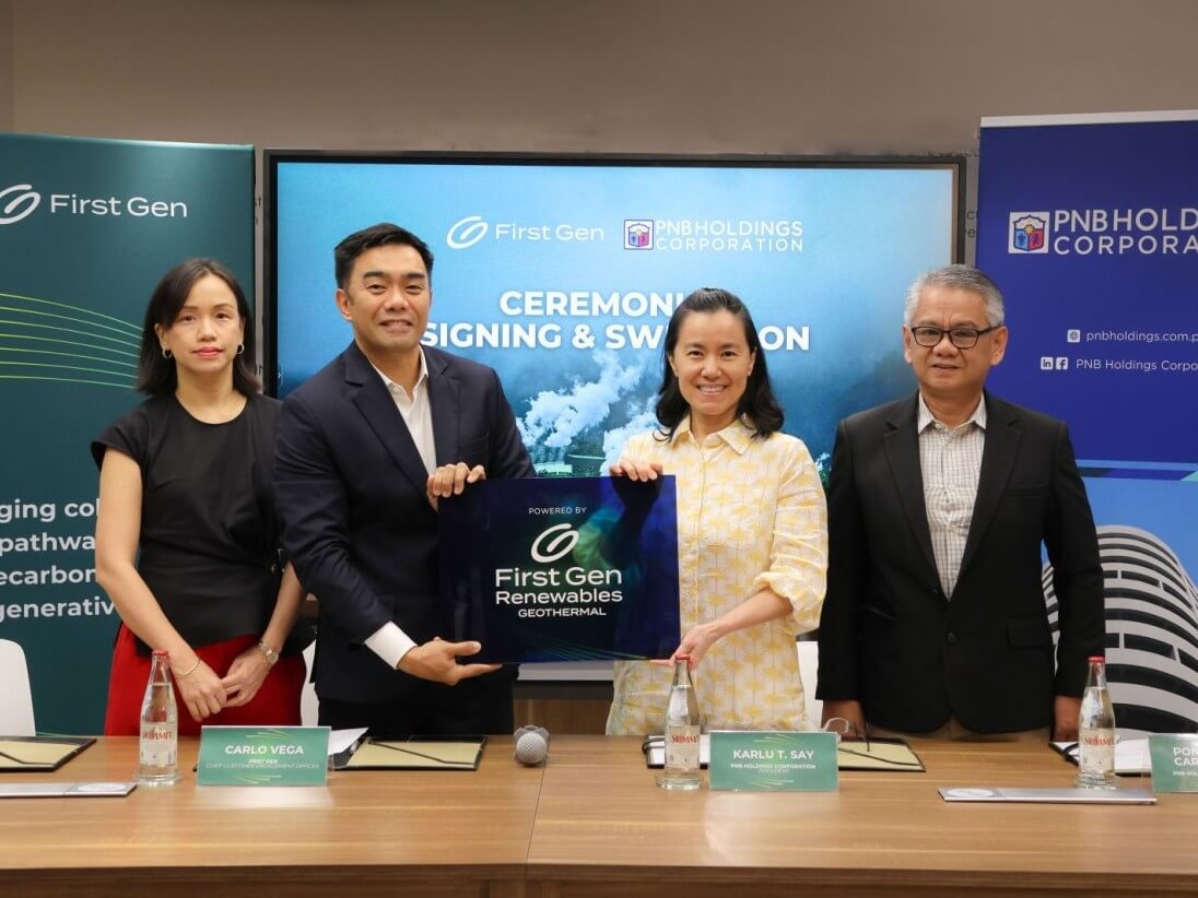PNB Holdings Corp. (PHC) has partnered with the First Gen Group (First Gen) for direct supply of geothermal energy from First Gen to two of PHC&rsquo;s prime properties: the PNB Financial Center in Pasay City and the PNB Makati Center in Makati City. Officials from both companies hold a signing ceremony to formalize the power supply partnership. Shown in photo are (from left) Arlene Sy Soriano, First Gen head of sales and engagement; Carlo Vega, First Gen chief customer engagement officer; Karlu T. Say, PHC president; and Ponciano S. Carreon Jr., PHC chief financial officer. | Contributed photo