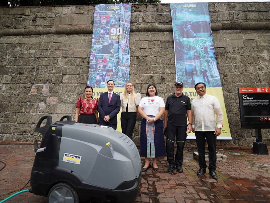 Attending the ceremonial program (from left were host Daphne Oseña-Paez; Dr.David Klebs, economics counsellor, Embassy of the Federal Republic of Germany; Daina Bartuseviciute, director of marketing and product management (ASEAN, South Korea, Taiwan & Bangladesh) at Kärcher Southeast Asia Ltd.; Atty. Joan M. Padilla, administrator, Intramuros Administration; German cleaning expert Gerd Heidrich, and Darwin Bañez, general manager, Kärcher Philippines./ Contributed photo