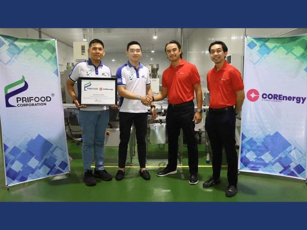 Prifood Corp. Cebu Plant general manager Roy Yap and assistant general manager Enrico Yap with COREnergy retail and sales head Marko Sarmiento and manager Rodson Lumayaga. | Contributed photo
