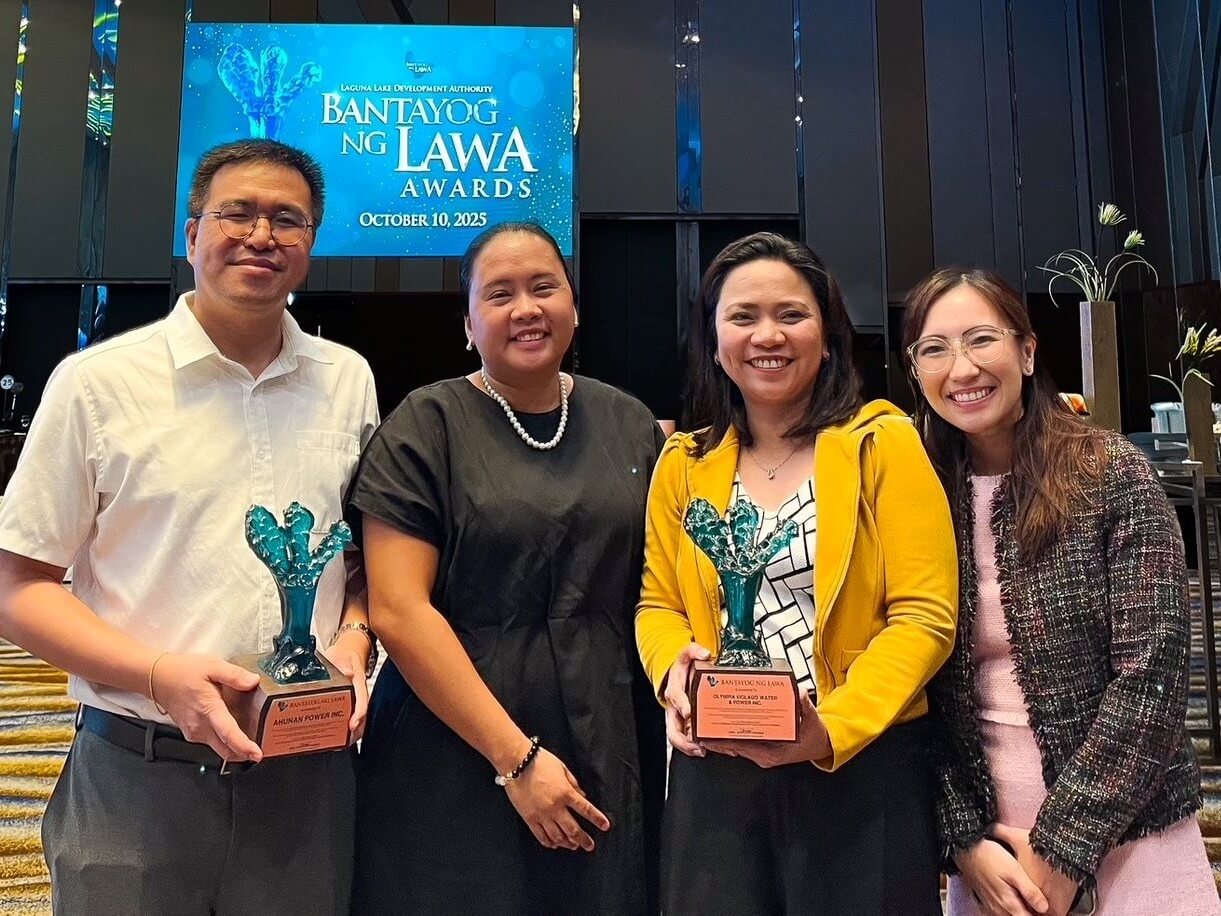 Representatives from Prime Infra received two Bantayog ng Lawa Awards from the Laguna Lake Development Authority (LLDA). From left:  Ahunan Power regulatory head Atty. Jose Dagala, Prime Infra compliance and permits manager Carol Galia, PrimeInfra Foundation programs and operations head Bernadette Tan, and Prime Infra regulatory affairs and strategy development head Jenaira Mae Jalasco | Contributed photo