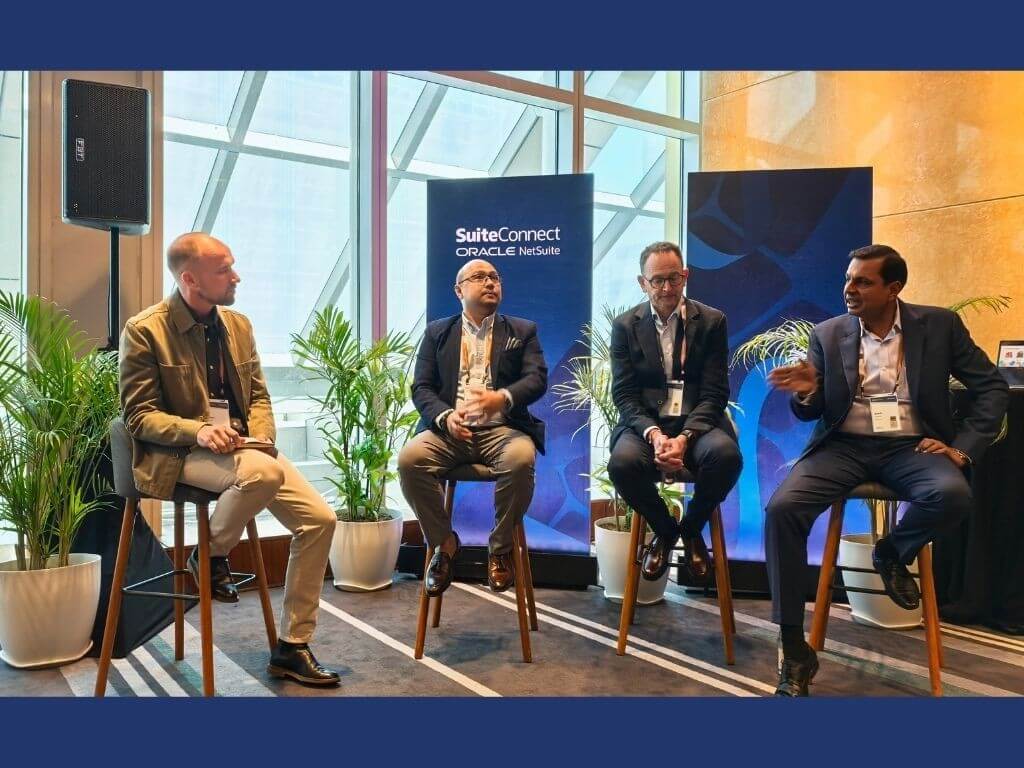 &nbsp;From left: Julien Harbers, PR director of Oracle NetSuite, Aaron Montenegro, president and CEO of JDN, James Chisham, Oracle NetSuite vice president for product management and international strategy and Amit Suxena, group vice president and head of Asia Oracle NetSuite in a fireside chat during the launch of NetSuite Next. | Photo by Vanessa Hidalgo