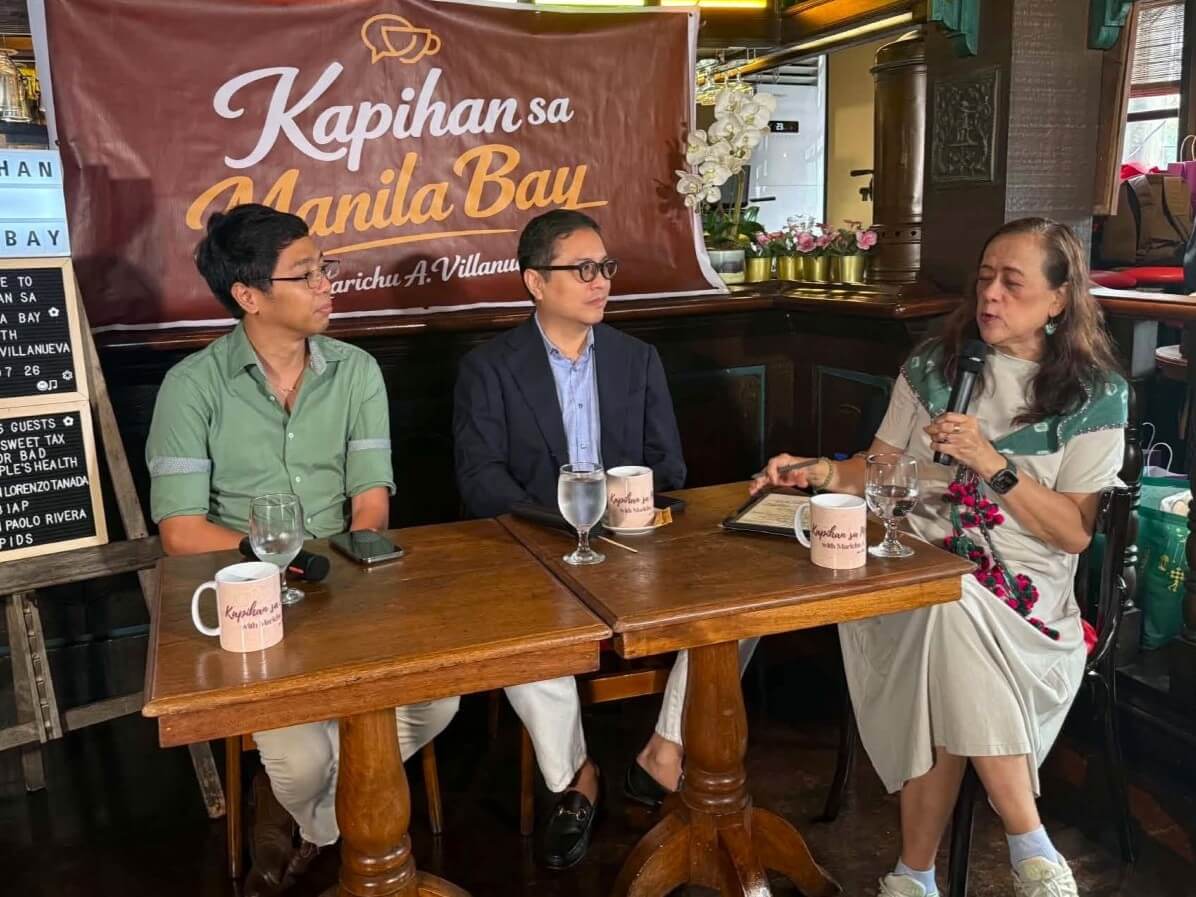 Philippine Institute for Development Studies senior research fellow John Paolo R. Rivera (left), Beverage Industry Association of the Philippines president Juan Lorenzo Ta&ntilde;ada (center), and journalist Marichu Villanueva discuss the potential impact of the proposed sweetened beverage taxes under the ProGRESS Bill during the Kapihan sa Manila forum. | Contributed photo&nbsp;
