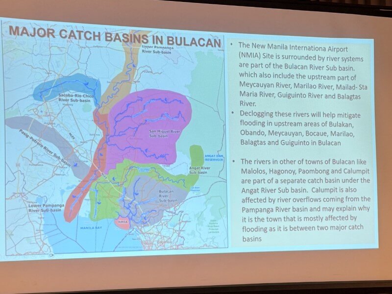 A map presented by SMC shows the major river catchments surrounding the New Manila International Airport site and flood-prone areas across Bulacan./Photo by Miguel R. Camus&nbsp;
