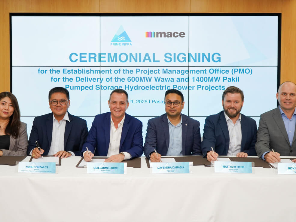 (From L-R): Prime Infra chief administrative officer Minerva Matibag, project director Noel Gonzales, Prime Infra president and CEO Guillaume Lucci, Mace Consult CEO Davendra Dabasia, Mace Philippines country manager Matthew Fitch, and Mace executive director Nick Boekel at the signing for Prime Infra’s two pumped storage projects. CLICK TO SEE FULL IMAGE./Contributed Photo