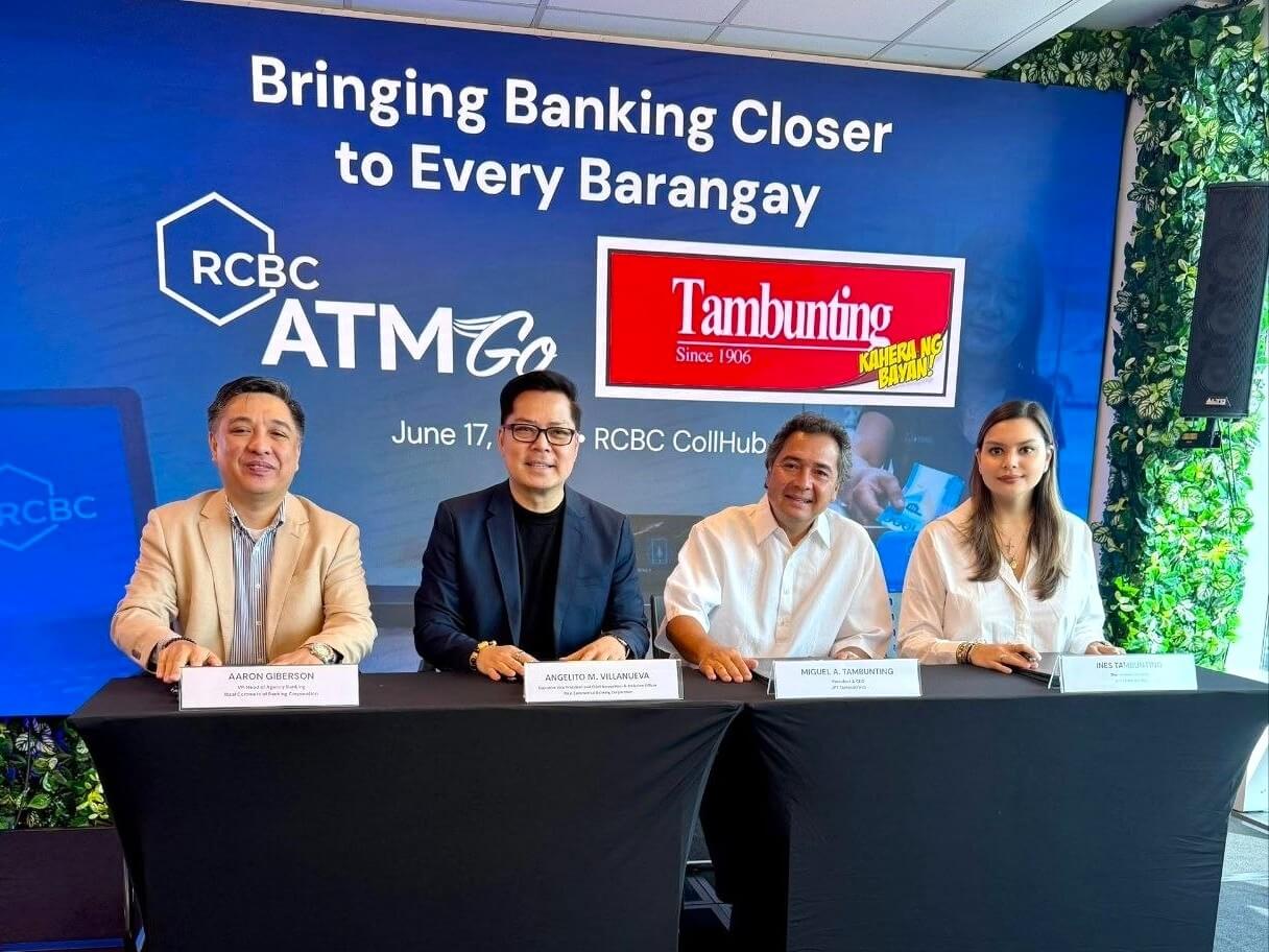 Officials of RCBC and Tambunting mark the signing of a partnership agreement that will expand agency banking services through Tambunting's nationwide branch network. In the photo are RCBC VP and head of agency banking Aaron Giberson, RCBC EVP and chief innovation and inclusion officer Lito Villanueva, JPT Tambunting president and CEO Miguel Tambunting, and JPT Tambunting shareholder and director Ines Tambunting. | Contributed photo
