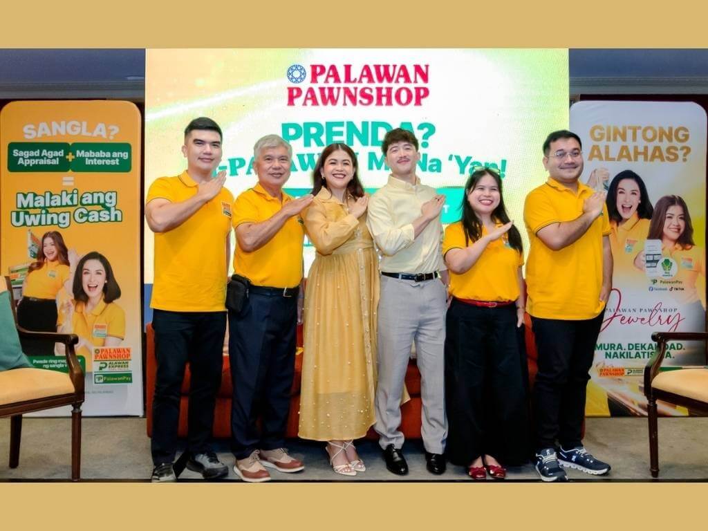 Palawan Group executives namely, Karlo M. Castro, president and CEO; Bobby L. Castro, founder and chair; Ilyn Dizon, marketing manager for pawning and jewelry selling; Bernard Kaibigan, chief marketing officer, together with Melai Cantiveros and Jason Francisco (third and fourth from left). &nbsp;| Contributed photo