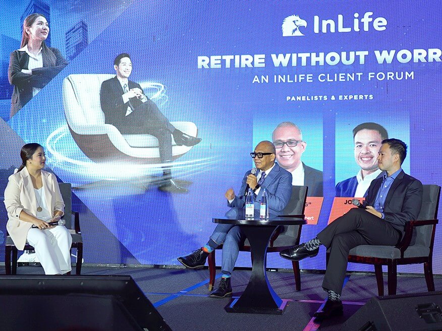 Host Lia Cruz discusses retirement concerns of Filipinos with retirement expert Aristides "Jong" Merida Jr. and InLife chief product and innovation officer Jose Eduardo O. Ang. /Photo from InLife