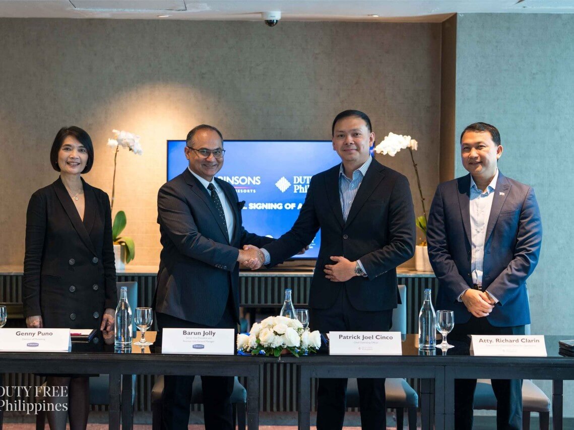 From left: RHR director of marketing Genny Puno; RHR SVP and business unit GM &nbsp;Barun Jolly; DFP COO Joel M. Cinco; and DFP deputy COO Atty. Richard Clarin at the contract signing between Robinsons Hotels and Resorts and Duty Free Philippines. | Contributed photo