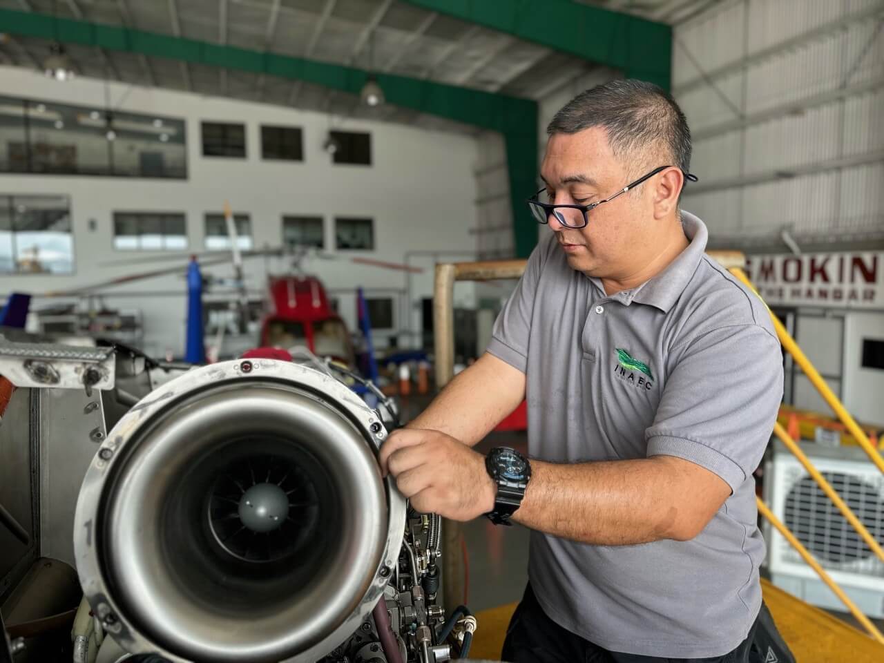 INAEC mechanic Engracio "Niño" Fabre III works on a Safran Arriel 1E2 helicopter engine./ Contributed photo