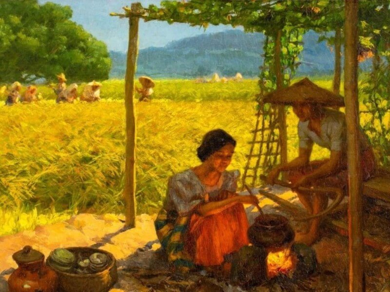 "Rice Harvest – Cooking the Noonday Meal," Fernando Amorsolo, oil on canvas, 1939,  estimated at P8,000,000 - 12,000,000 | Photo from Salcedo Auctions