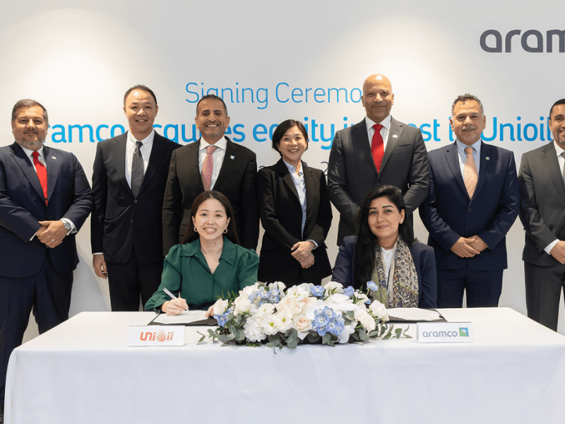Aramco Asia Singapore Managing Director Fai Aldossary, sitting right, signs the agreement with Unioil CEO Janice Co Roxas-Chua, sitting left. Standing, from left, are Aramco Trading Vice President of Trading Growth & Origination Abdulaziz Al-Hamdan, Unioil President Kenneth Pundanera, Aramco Director of International Retail Nader Douhan, Unioil CFO Geminesse Co, Aramco Executive Vice President of Products & Customers Yasser Mufti, Aramco Vice President of Retail Ziyad Juraifani, and Aramco Director of Downstream Transaction Development Amr Daiel./Photo ​from Aramco 