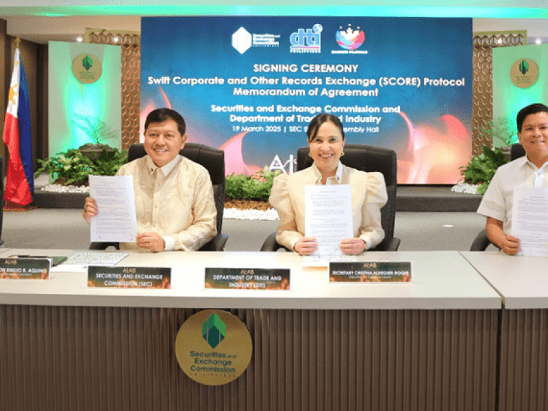 (From left) SEC Director Oliver V. Chato, SEC Chair Emilio B. Aquino, Trade Secretary Cristina A. Roque, and Assistant Secretary Michel Kristian R. Ablan/ Photo from DTI (Click on the photo to view the full image)