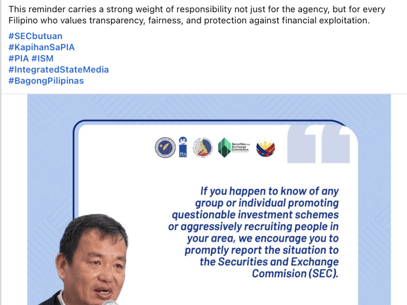 Screenshot from an October 2025 post by the Philippine Information Agency-Caraga Region showing SEC Butuan director Jason C. Tan urging the public to report questionable investment schemes and aggressively recruiting groups to regulators. Tan was arrested by the NBI in May 2026 over alleged extortion involving a lending company, according to authorities.