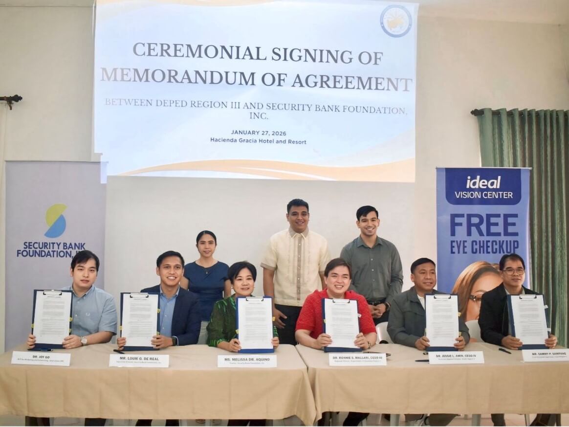 Officials from Security Bank Foundation, Ideal Vision Center, and the Department of Education Region III formalize their partnership to deliver free eyeglasses to 1,000 public school students in Central Luzon. | Contributed photo