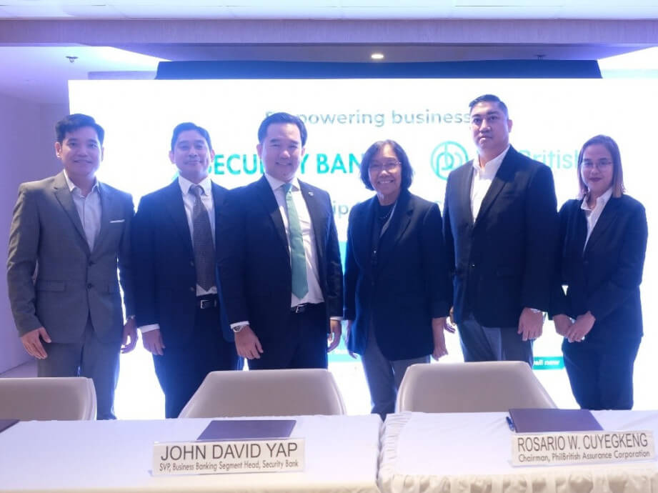At the signing of the partnership agreement. (From left) Security Bank's Meynard Espinosa, SM and product manager; Lex Cimagala, FVP and customer value proposition head, and John David Yap, SVP and business banking segment head, with PhilBritish Insurance's  Rosario Cuyegkeng, chair; Vincent Padilla, AVP and head Brokers & Financial Institution, and Rachelle Figuerra, senior account officer – Financial Institution./ Contributed photo
