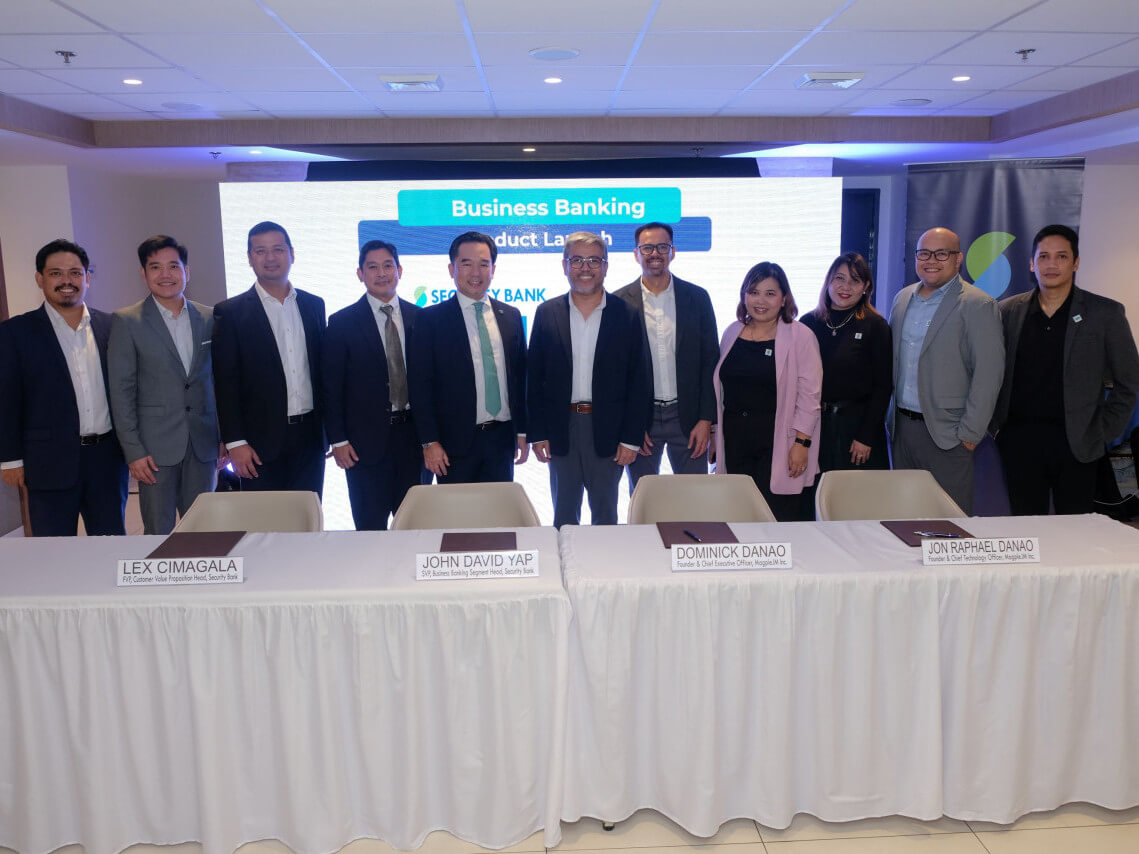 At the launch of Security Bank's new digital payment channel. From left: Security Bank's Jagger Salvador, AVP and Proposition & Campaigns head; Meynard Espinosa, SM and product manager; Nats Jose, SAVP and digital head; Lex Cimagala, FVP and Customer Value Proposition head, and  John David Yap, SVP and Business Banking Segment head, with Magpie IM Inc.'s  Dominick Danao, founder and CEO;  Jon Raphael, founder and CTO; Timothy Vargas, product director, and Manuel Abadiano. 