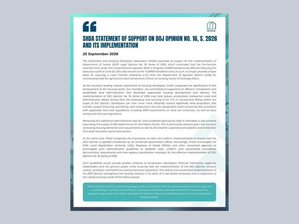 The country's leading housing developers association, Subdivision and Housing Developers Association has released a statement of support for the implementation of the DOJ opinion.