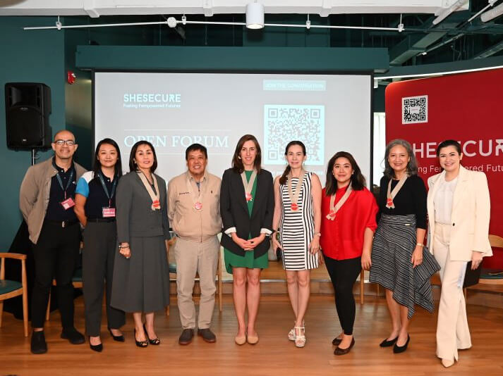 Supporting the launch of SheSecure are Edmund Solilapsi, co-managing aprtner of ARQ SME BDC; Maita Madlambayan, president & COO of HausTalk; Jojo Malolos, CEO ofPayMongo; Eleanor Keppelman, impact investing director of Investing in Women; Ann Cuisia, founder and CEO of Traxion Tech; Abetina Valenzuela-Mader, founder and CEO of EQUILIFE; Monette Iturralde-Hamlin, chair of TeamAsia, and master of ceremonies LiaGuerrero-Santos.