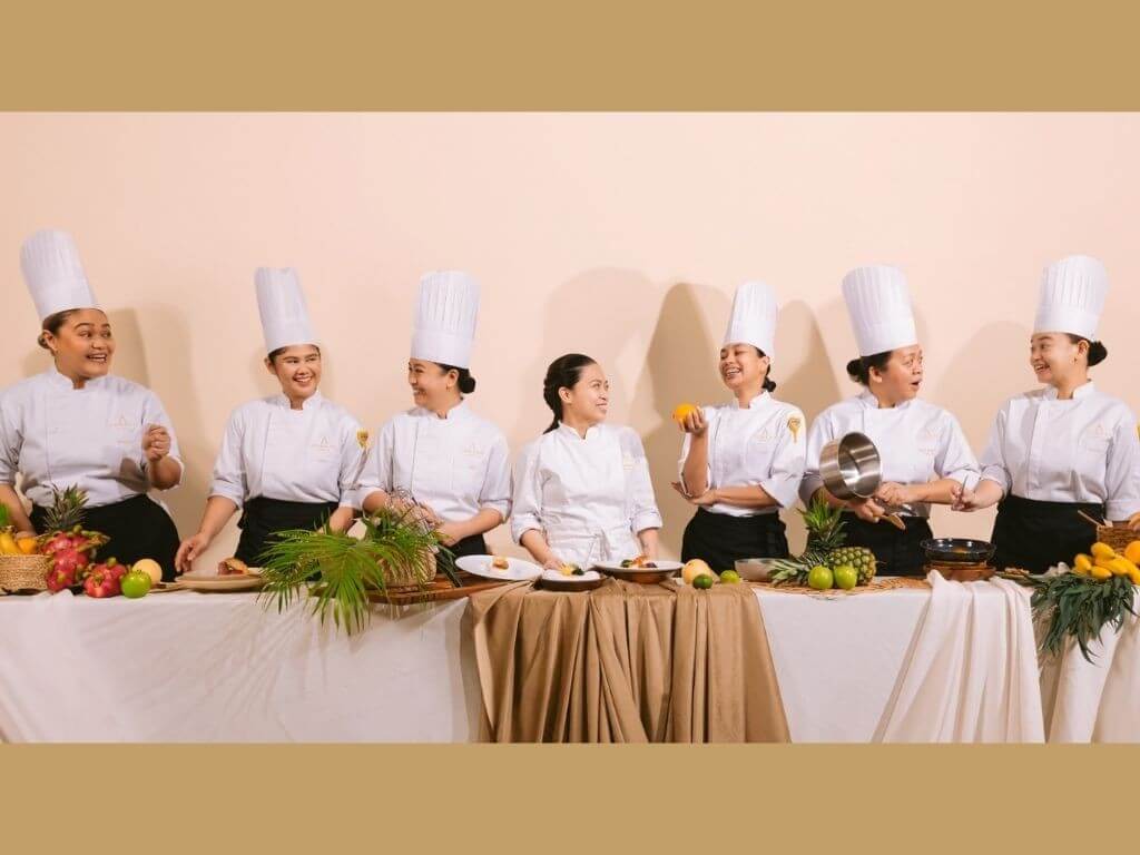 Monica Francesca Manaig (Junior sous chef, Brasserie on 3); Patricia Joson (Junior sous chef, Banquets Kitchen); Doreene Ien Valencia (Chef de partie, Pastry Kitchen); Kristine Davis (Executive sous chef); Via Angelica Dalida (Chef de partie, Pastry Kitchen); Jazzel Jane Borcelis (Sous chef, Brasserie on 3); and Rachelyn Bautista (Chef de partie, C Lounge) | Contributed photo