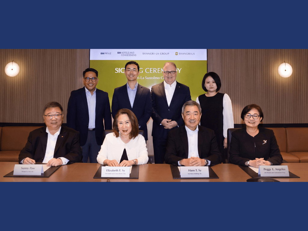 From left: Shangri-La Group group chief operating officer Sunny Paw; SM Hotels and Conventions Corp. president Elizabeth T. Sy; SM Prime Holdings Inc. executive committee chair Hans T. Sy; and SM Hotels and Conventions Corp. executive vice president Peggy Angeles. Standing, from left: SM Hotels and Conventions Corp. vice president for business development Neil Rumbaoa; Shangri-La Group vice president for investment and asset management Bryan Chen; Shangri-La Group vice president of operations for Southeast Asia and Australasia (SEAA) John Rice; and Shangri-La Group vice president for strategic initiatives Sylvia Zheng.| Contributed photo