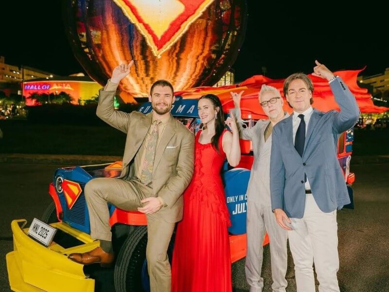 The lead stars of Superman, David Corenswet and Rachel Brosnahan, alongside director James Gunn and producer Peter Safran pose with the iconic Pinoy jeepney and the equally iconic SM Mall of Asia globe./ Contributed photo (Click the photo to view full image)