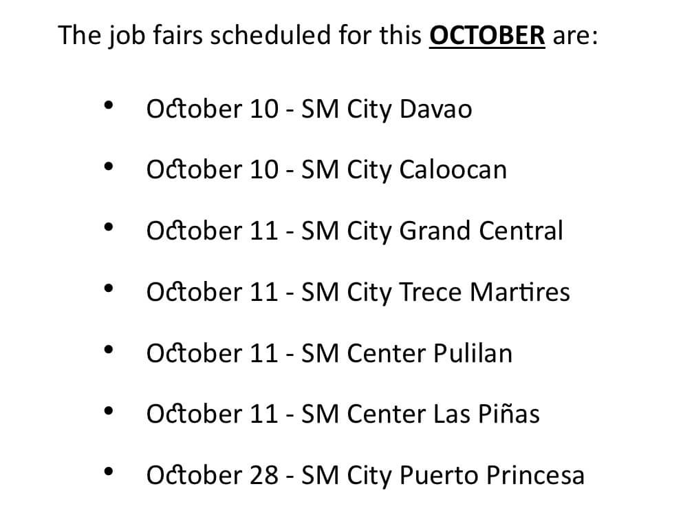 Schedule of job fairs at various SM malls around the country./Source: SM Group