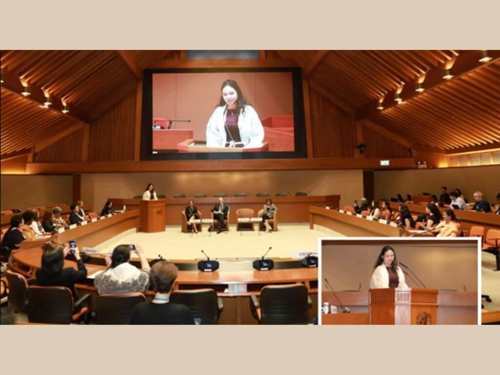 SM Prime vice president and head of design, innovation and strategy Jessica Sy speaks at the 5th United Nations Office for Disaster Risk Reduction (UNDRR) Women International Network for Disaster Risk Reduction Excellence Awards in Bangkok, Thailand. | Photos from UNDRR