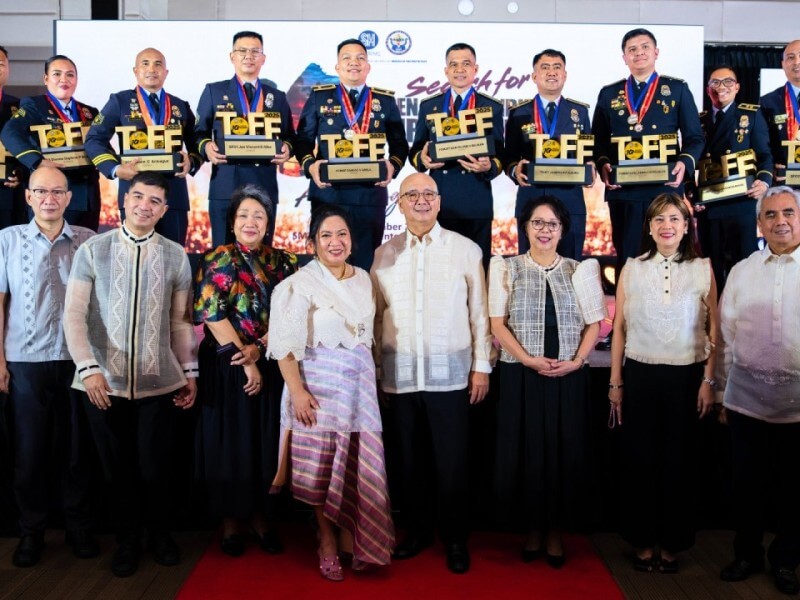 The 2025 Ten Outstanding Firefighters of the Philippines – on the stage from left to right: FO2 Bernard P. Sureta, FO3 Dianne Daphne P. Bruno, SFO2 Donn Canlas Anloague, SPF01 Jan Vincent R. Alba, FCINSP Zardoz V. Abela, FSSUPT Bartolome O. Beliran, FSUPT Josephus Franco Alburo, FSINSP Karl Aerole M. Rojales, FSINSP Julius R. Mangrubang, and SFO2 Lloyd Casilao Francisco. In the front row: Gen. Carlito Romero (Ret.) - SM Consultant for Fire and former BFP fire chief; Royston Cabuñag - AVP for MSME, job fairs & government service, SM Supermalls; Johanna Melissa Rupisan -  VP for operations, SM Supermalls; Atty. Pearly Joan Turley - SAVP for corporate compliance, SM Supermalls; Jeffrey C. Lim - president, SM Prime; Engr. Liza Silerio - VP for corporate compliance, SM Supermalls; Arch. Fides Hsu - VP for design, SM EDD; and VADM. Alexander Pama (Ret.) - SM consultant for disaster risk resilience. | Contributed photo  (Click the photo to view full image)