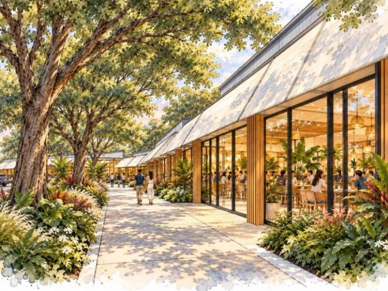The artist&rsquo;s early rendering of the planned retail plaza. Concept details remain subject to change. | Contributed photo