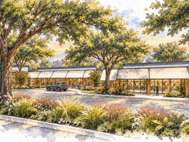 The proposed retail plaza at Susana Heights Village will feature low-rise architecture, landscaped walkways and green spaces, as shown in this preliminary design rendering. | Contributed photo