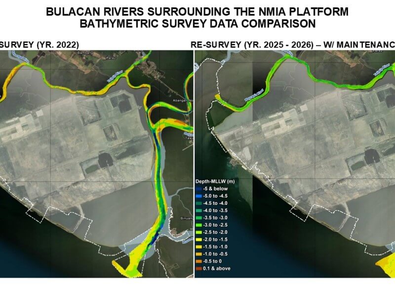 The maps compare river depths around the NMIA site before dredging in 2022 and after maintenance dredging in 2025 and 2026. Blue and green areas are deeper, while yellow and orange sections are shallower./Photo from SMAI&nbsp;